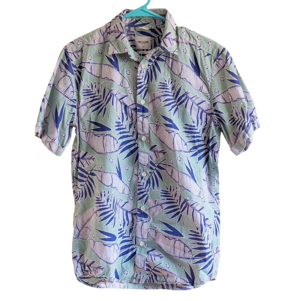 Only & Sons Sz M Slim Aqua Blue Palm Frond Print Buttondown Short Sleeve Shirt